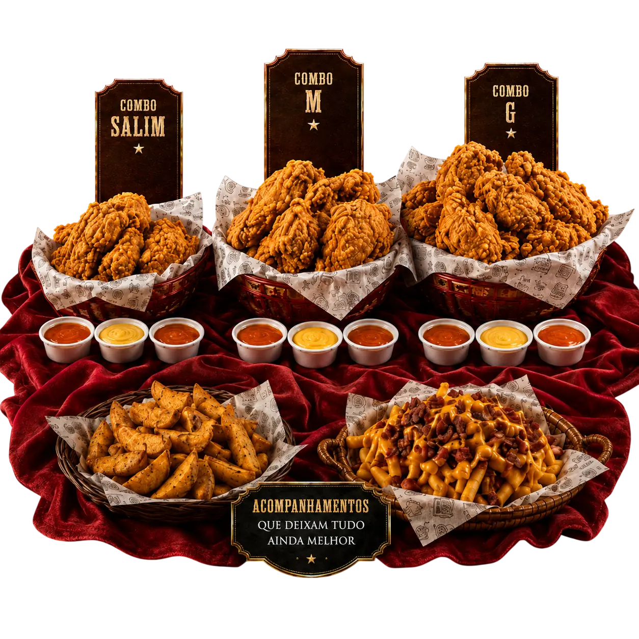 Combos Salim, M e G com molhos, batatas rústicas e acompanhamento com cheddar e bacon